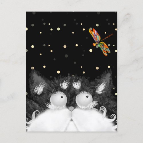 Tuxedo Cat Surprised by Dragonfly  Postcard