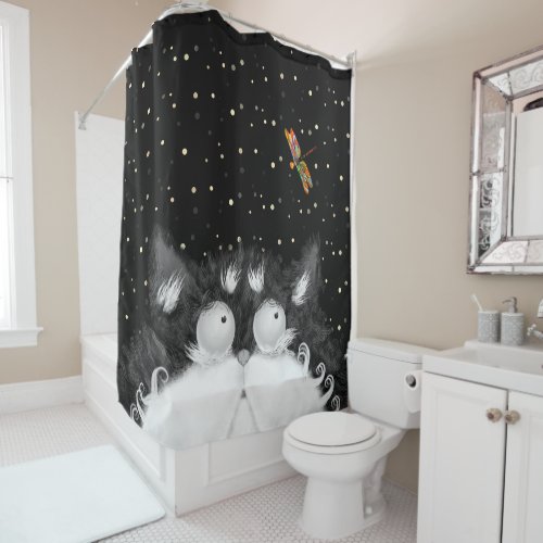 Tuxedo Cat Surprised by Dragonfly  Shower Curtain