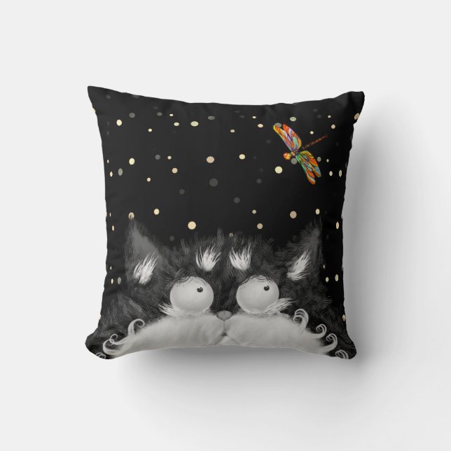 Tuxedo Cat Surprised by Dragonfly Throw Pillow (Front)