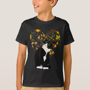 Tuxedo Cat T Shirt Gift Autumn Fall Leaves Black A