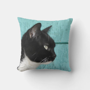 Tuxedo Cat Teal Blue Background Throw Pillow