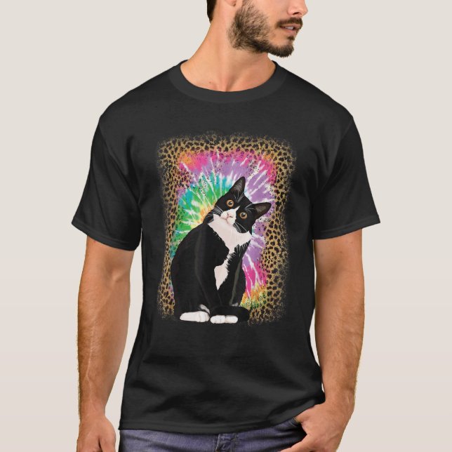 Tuxedo Cat Tie Dye Leopard Background for Cat Love T-Shirt (Front)