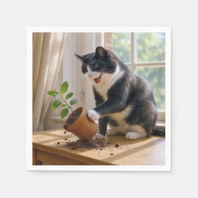 Tuxedo Cat Toppling a Potted House Plant Napkins (Front)