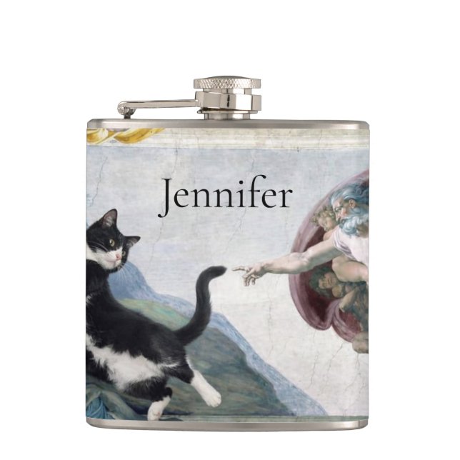 Tuxedo Cat Touching the Divine Paw                 Flask (Front)