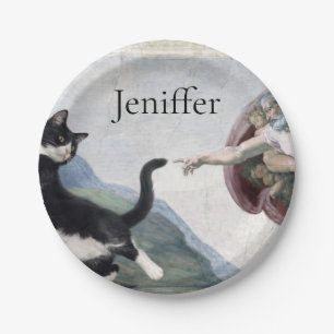 Tuxedo Cat Touching the Divine Paw Paper Plates