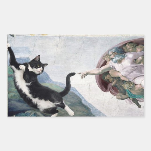 Tuxedo Cat Touching the Divine Paw                 Rectangular Sticker (Front)