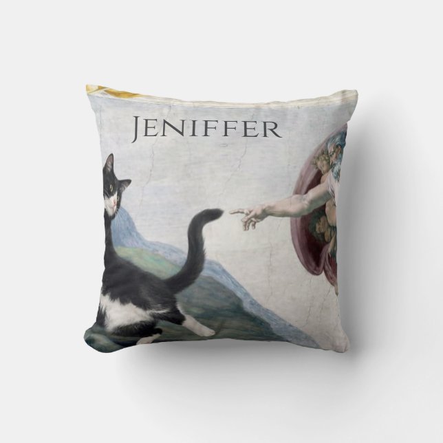 Tuxedo Cat Touching the Divine Paw                 Throw Pillow (Front)