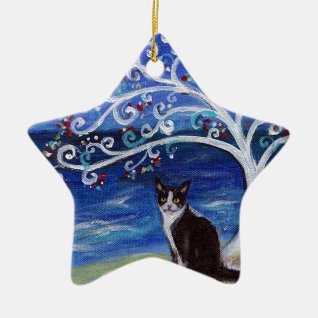 Tuxedo Cat & Tree of Life Ceramic Ornament (Front)