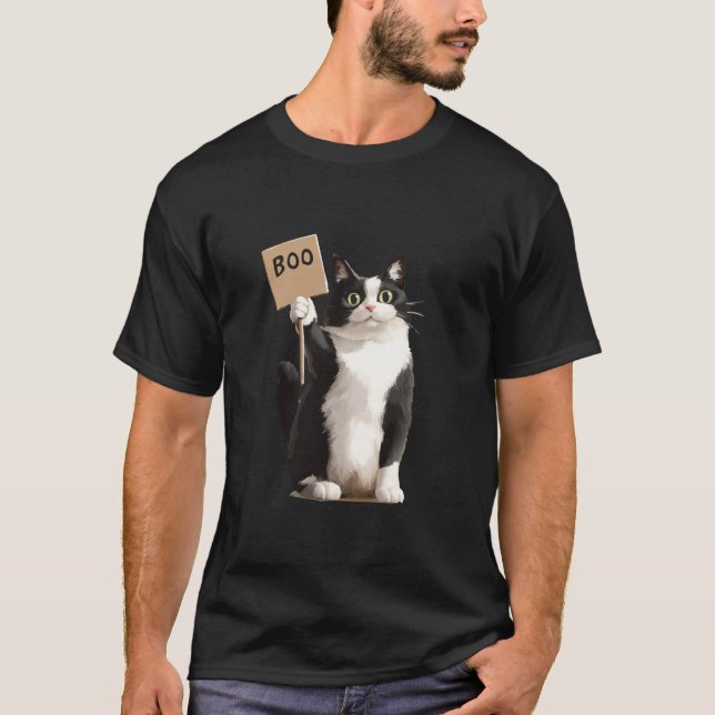 Tuxedo Cat Tshirt Halloween Costume Holding Boo Si (Front)