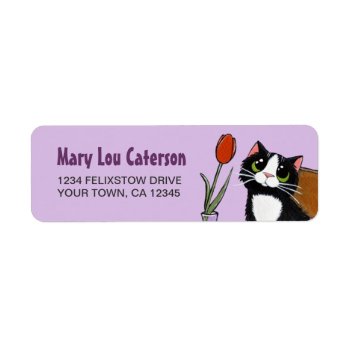 Tuxedo Cat & Tulip | Return Address Label by LisaMarieArt at Zazzle