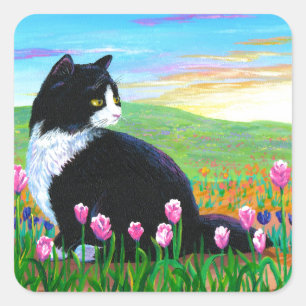Tuxedo Cat Tulips Creationarts Square Sticker