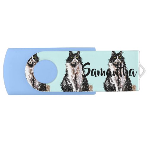 Tuxedo Cat Turquoise Girls Customizable Name USB Flash Drive
