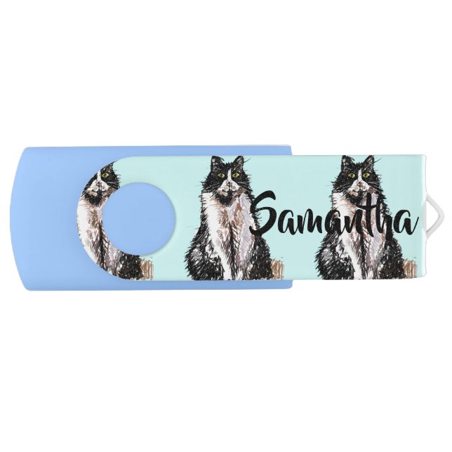 Tuxedo Cat Turquoise Girls Customizable Name USB Flash Drive (Front)