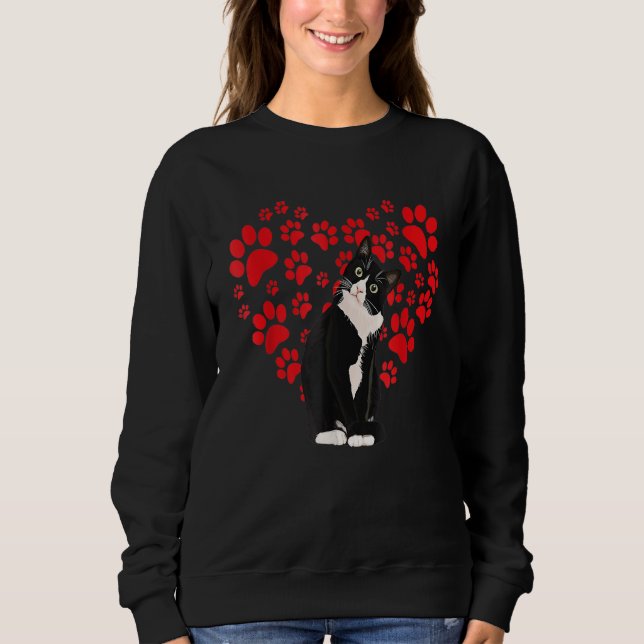 Tuxedo Cat Valentine Heart Paw For Kitten And Cat  Sweatshirt (Front)