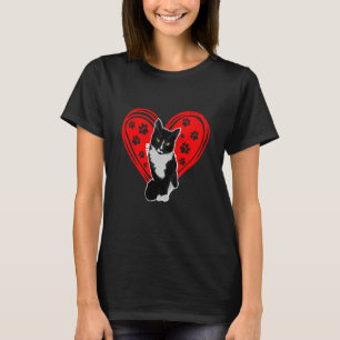 Tuxedo Cat Valentine Heart Paw For Kitten And Cat T-Shirt