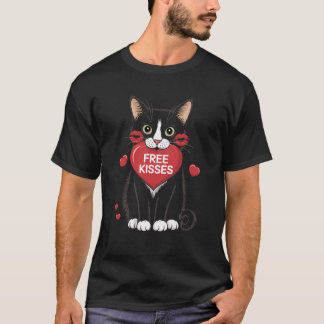 Tuxedo Cat Valentines Day Free Kisses T-Shirt