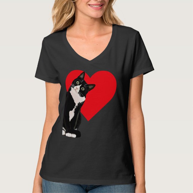 Tuxedo Cat Valentine's Day Heart Cat T-Shirt (Front)