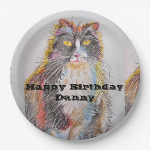 Tuxedo Cat Watercolour Birthday Party Paper Plate