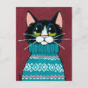 Tuxedo Cat Wearing an Ugly Sweater Painting Postcard