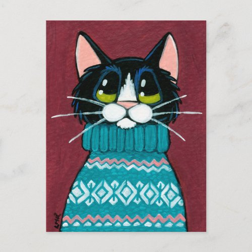 Tuxedo Cat Wearing an Ugly Sweater Painting Postcard