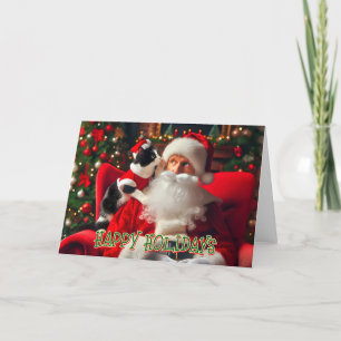 Tuxedo Cat Whispering in Santa's Ear Card