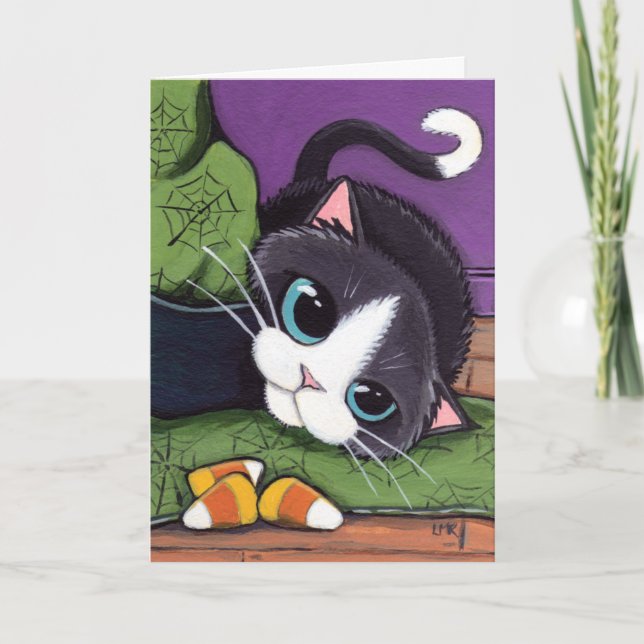 Tuxedo Cat Witches Hat & Candy Corn Halloween Card (Front)
