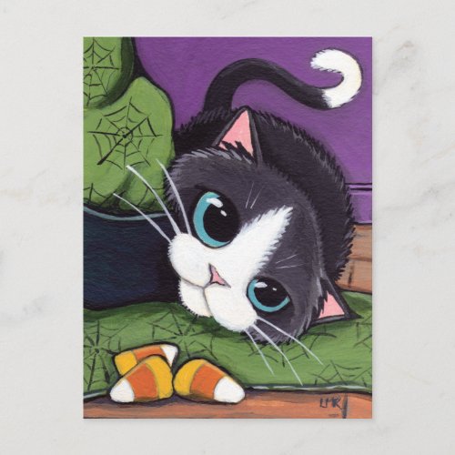 Tuxedo Cat Witches Hat  Candy Corn Halloween Postcard