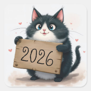 Tuxedo Cat with 2026 New Year Sign Square Sticker