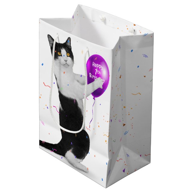 Tuxedo Cat with 7th Birthday Balloon Medium Gift Bag (Front Angled)