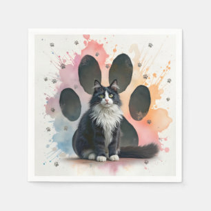 Tuxedo Cat with a Paw Print Background Napkins