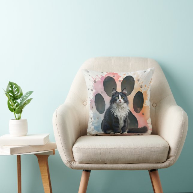 Tuxedo Cat with a Paw Print Background Throw Pillow (Chair)