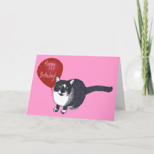 Tuxedo Cat with Balloon Happy Birthday Cards