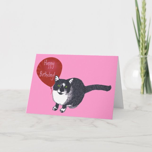 Tuxedo Cat with Balloon Happy Birthday Cards (Front)