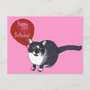 Tuxedo Cat with Balloon Happy Birthday Postcards