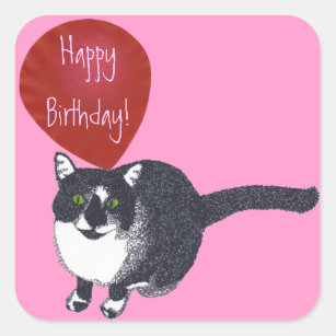 Tuxedo Cat with Balloon Happy Birthday Stickers