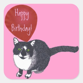 Tuxedo Cat With Balloon Happy Birthday Stickers by Cherylsart at Zazzle