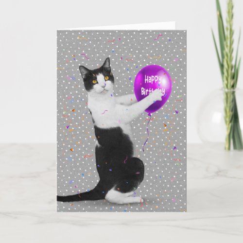 Tuxedo Cat with Birthday Balloon Card