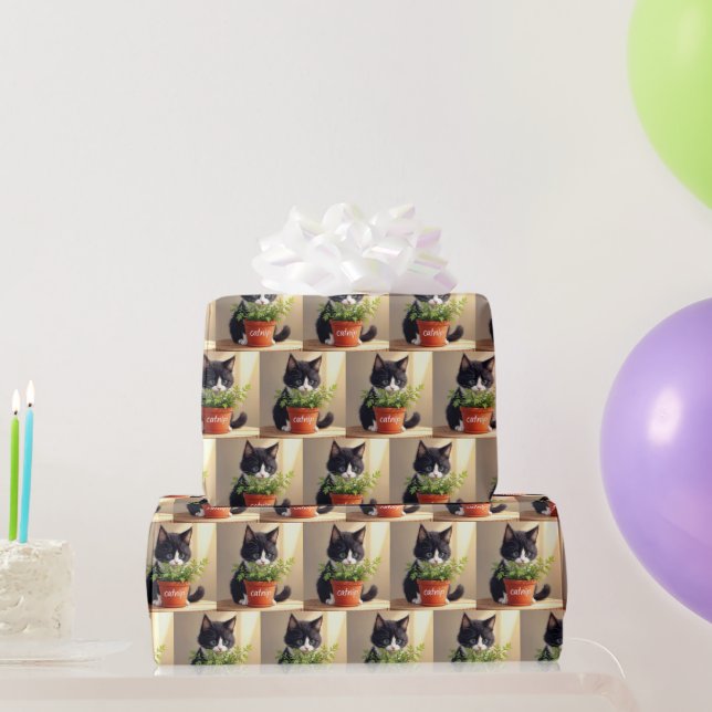 Tuxedo Cat With Catnip Plant Wrapping Paper (Party Gifts)