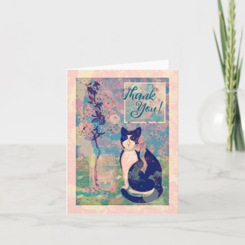 Tuxedo Cat with Cherry Blossoms Thank You Note Card