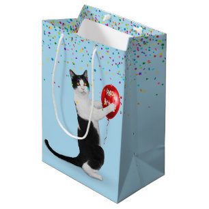 Tuxedo Cat With Confetti and Birthday Balloon Medium Gift Bag
