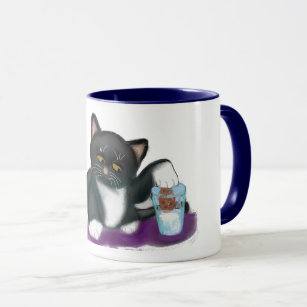 Tuxedo Cat with Cookie and Milk Mug