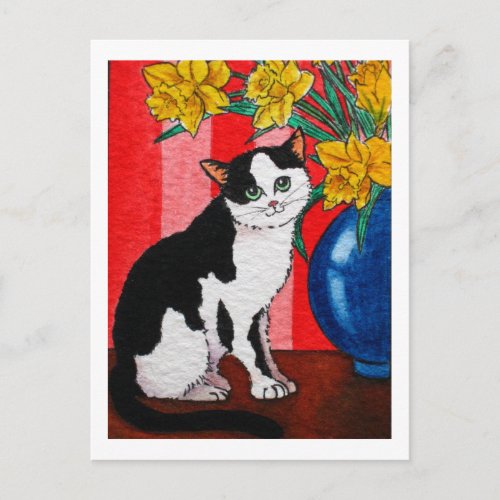 Tuxedo cat with daffodils in a blue vase postcard