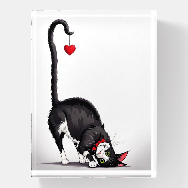 Tuxedo Cat With Dangling Heart Paperweight (Vertical)