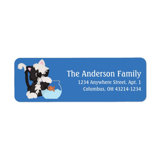 Tuxedo Cat with Fish Bowl Return Address Labels (Front)