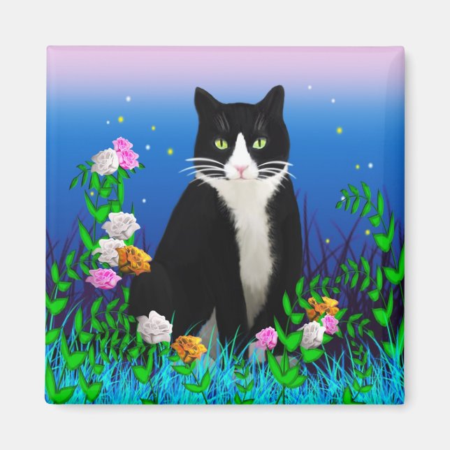 Tuxedo Cat with Flowers Magnet (Front)