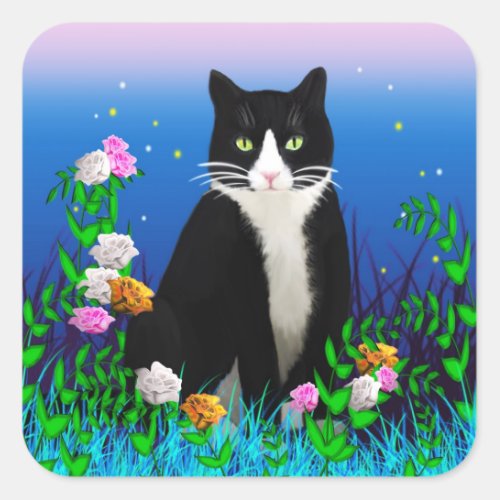 Tuxedo Cat with Flowers Stickers