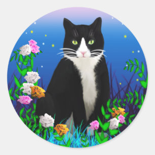 Tuxedo Cat with Flowers Stickers