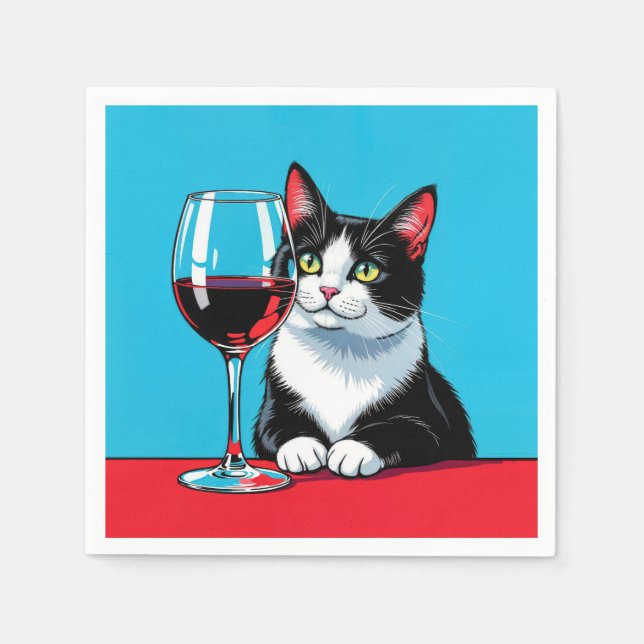 Tuxedo Cat With Glass of Red Wine Napkins (Front)