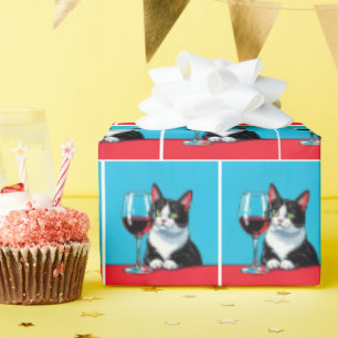 Tuxedo Cat With Glass of Red Wine Wrapping Paper