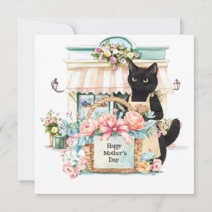 Tuxedo cat with Happy Mother's Day Flower basket Holiday Card